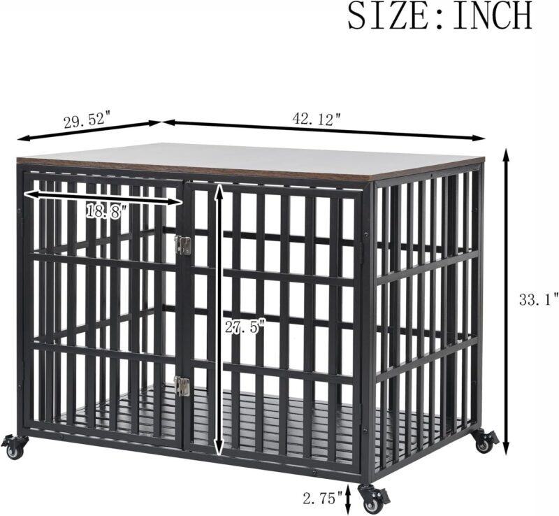 42" Heavy Duty Dog Crate for Large/Medium Dogs Furniture Style Cage with 4 Lockable Wheels & 2 Locks, Indoor Wooden Kennel Decorative Pet House Black - Image 7