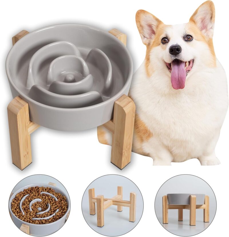 Elevated Slow Feeder Dog Bowl - Raised Ceramic Dog Bowls with Anti-Slip Stand - Fun Maze Dog Feeding Bowl for Fast Eater - Heavy Dog Food Dish - Designed for Small and Medium Dogs - Grey - 6.7 inch