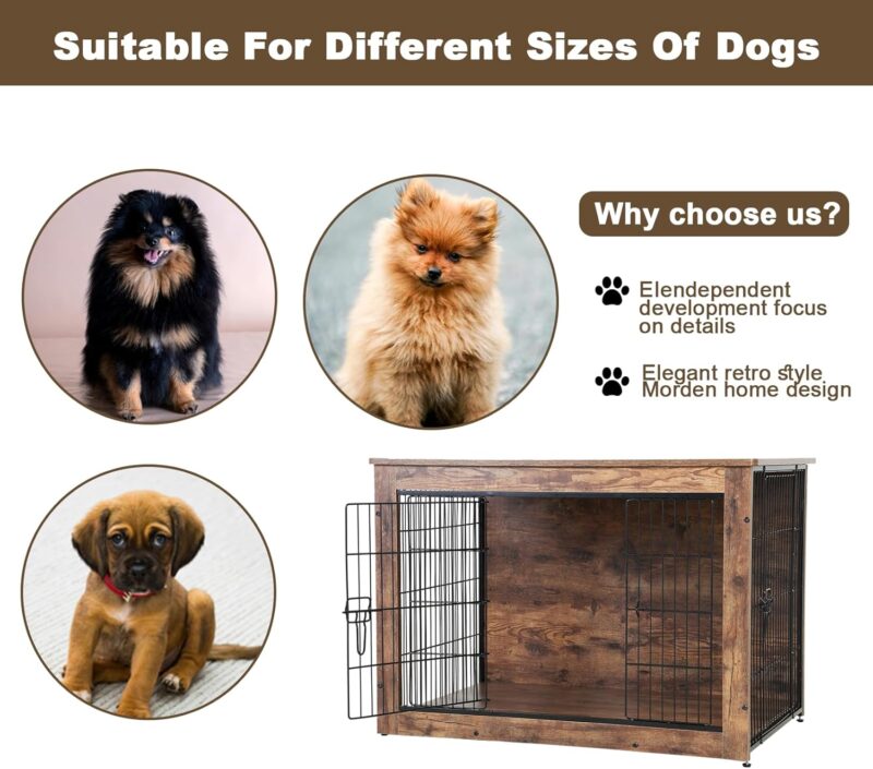 Dog Crate Furniture 38 Inch Two Door Wooden Dog Crate Heavy-Duty Dog Cage End Table with Multi Purpose Removable Tray Modern Kennel Indoor for Small and Medium Dog, Brown - Image 2