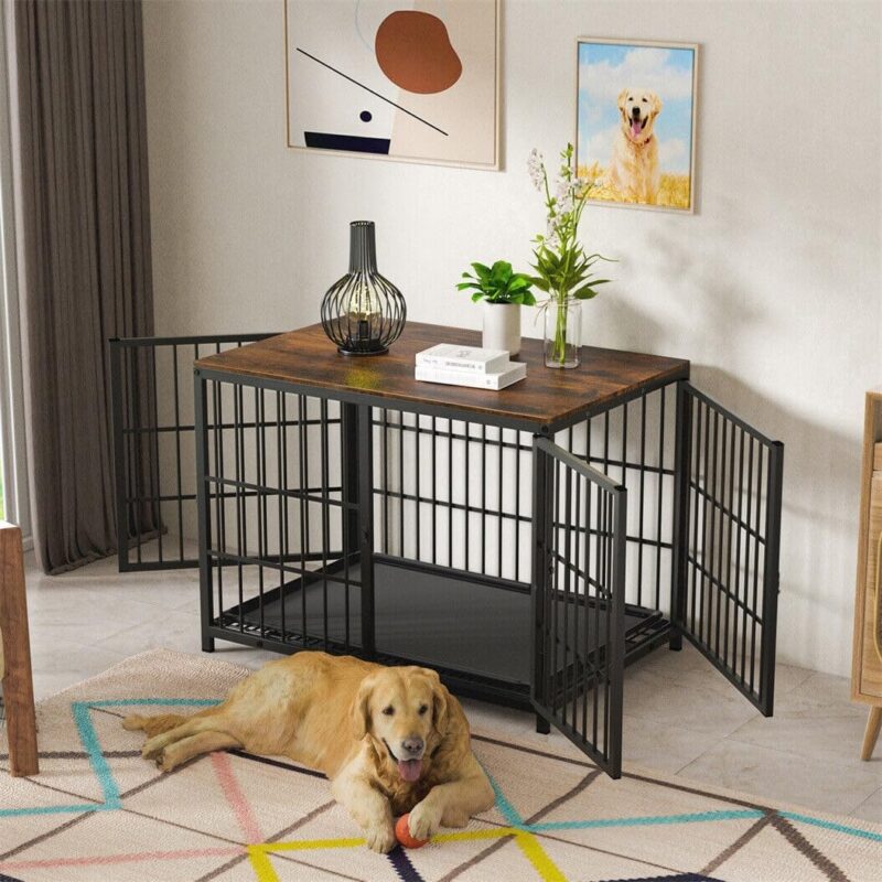 Multipurpose Heavy Duty Dog Crate Kennel Cage with Wooden End Table - Stylish and Functional Furniture Solution for Pets (Black) - Image 5