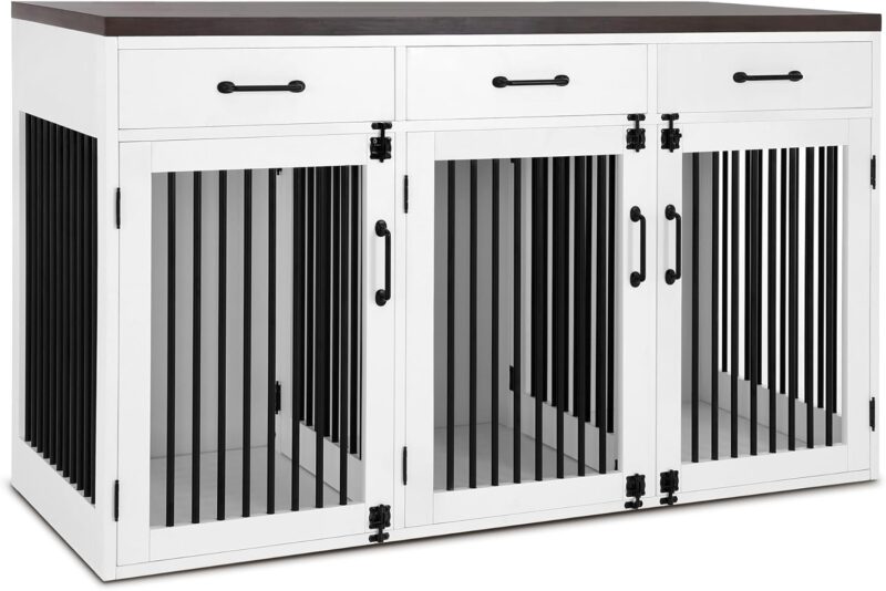 MCombo Wooden Dog Crate Furniture, Dog Kennel Pet House with 3 Drawers & 3 Lockable Doors, 3 Rooms & Removable Dividers, Pet Crate Table for Small/Medium/Large Dogs V974
