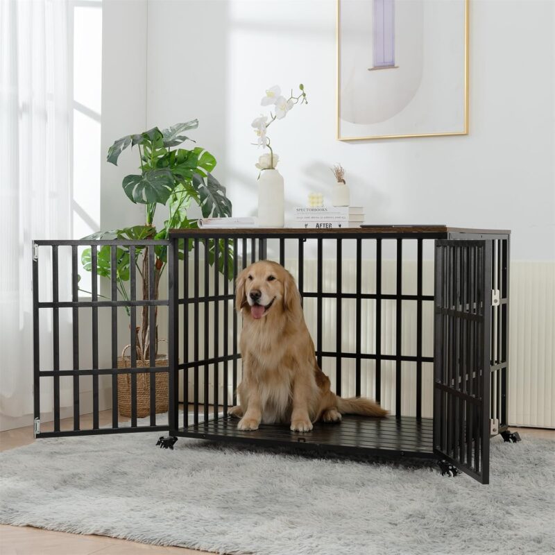 42" Heavy Duty Dog Crate for Large/Medium Dogs Furniture Style Cage with 4 Lockable Wheels & 2 Locks, Indoor Wooden Kennel Decorative Pet House Black - Image 2