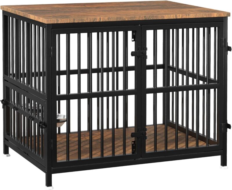 Dog Crate Furniture with 360° Rotating Feeder & 2 Stainless Steel Bowls, Double-Door Dog Cage, Decorative Pet House End Table, Wooden Cage Kennel Furniture for Large and Medium Dogs