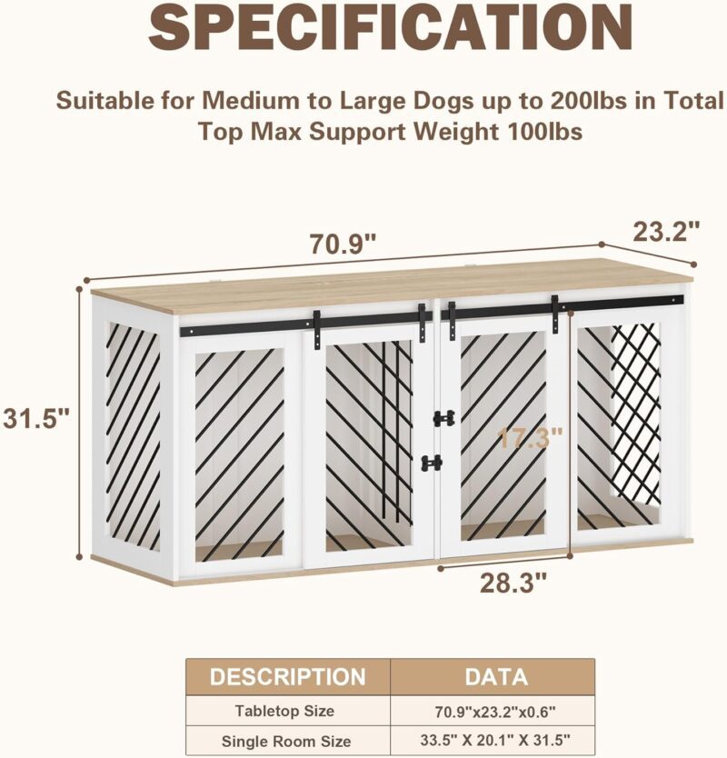 Furniture Dog Crate,71" Heavy Duty Wooden Dog Cage Kennel with a Removable Divider & Sliding Doors,Indoor Furniture Style Dog Crate Table,Dog House for Large Medium Small Dogs,White - Image 5