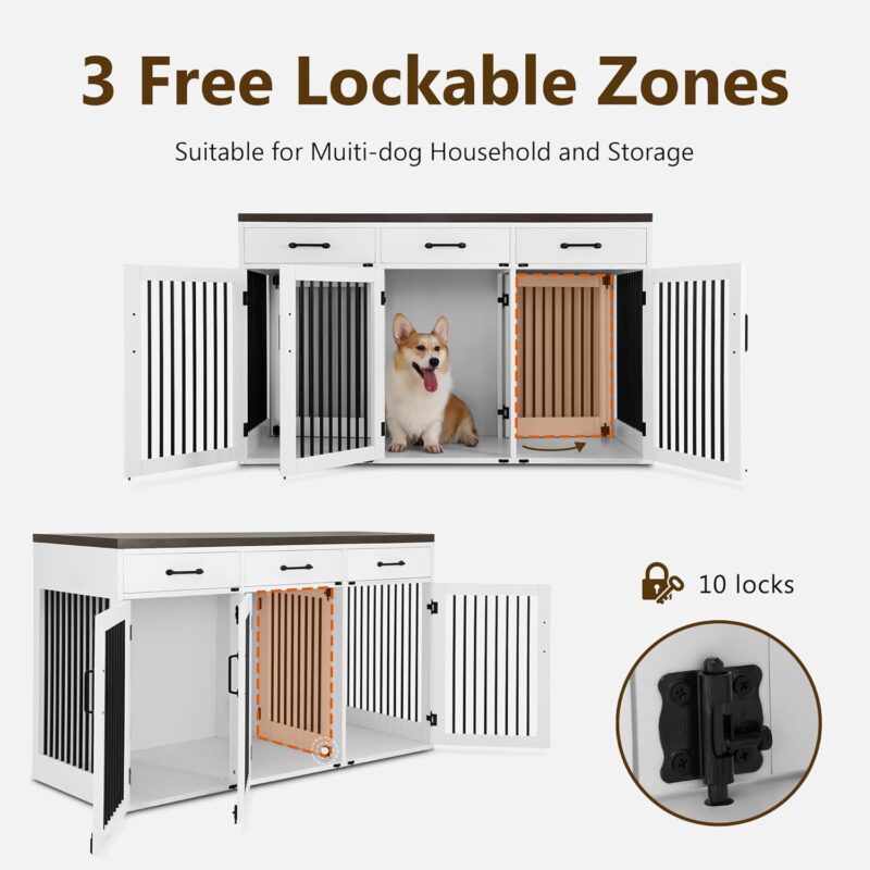 MCombo Wooden Dog Crate Furniture, Dog Kennel Pet House with 3 Drawers & 3 Lockable Doors, 3 Rooms & Removable Dividers, Pet Crate Table for Small/Medium/Large Dogs V974 - Image 5