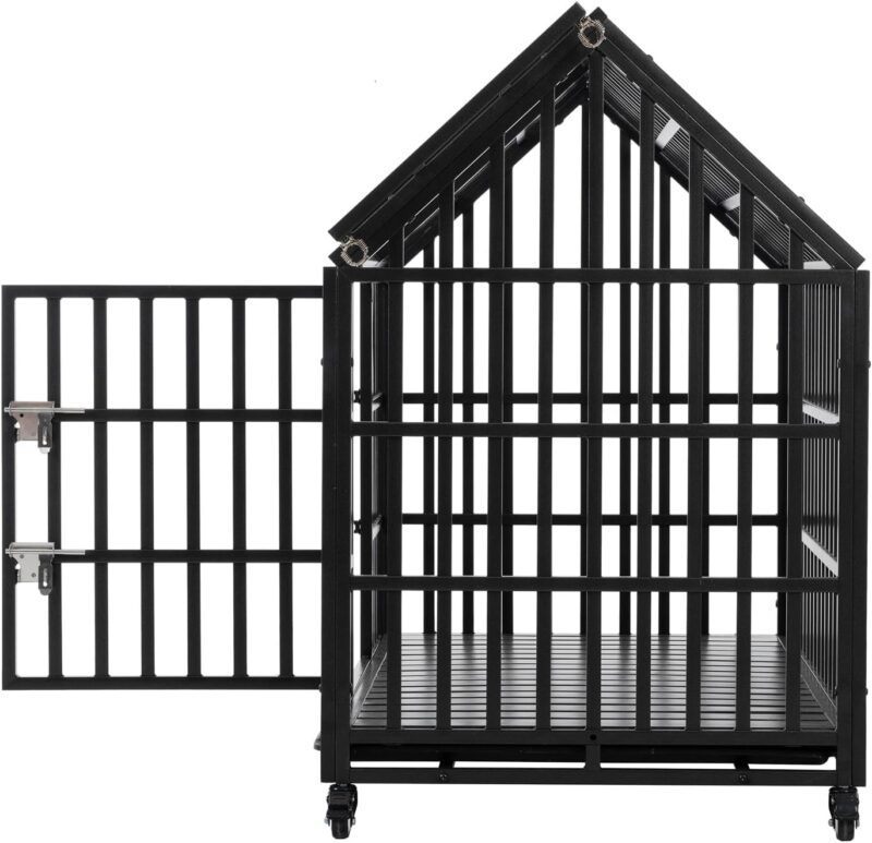 52 Inch Dog Cage with Roof Indoor, Dog Cage Medium Sized Dog Heavy Duty Pet Crate Large Dogs with Removable Tray Outdoor, Durable Dog Kennel with Lockable Wheels Easy Assembly, Black - Image 5