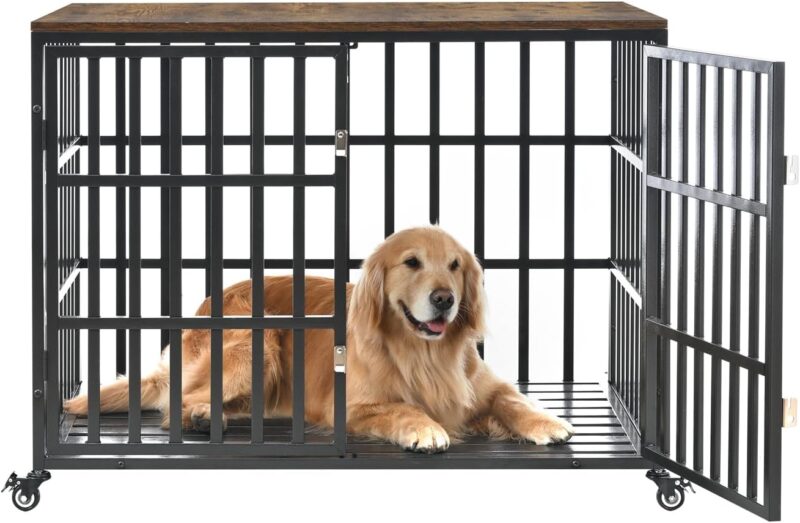 42" Heavy Duty Dog Crate for Large/Medium Dogs Furniture Style Cage with 4 Lockable Wheels & 2 Locks, Indoor Wooden Kennel Decorative Pet House Black - Image 6