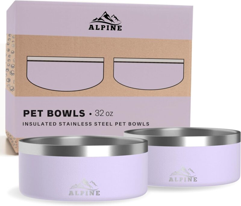 ALPINE Set of 2 Stainless Steel Dog Bowls, Non Slip, Metal Pet Bowl for Food and Water, Double Walled Insulated, Rustproof, Dishwasher Safe (32 oz, Lavender)