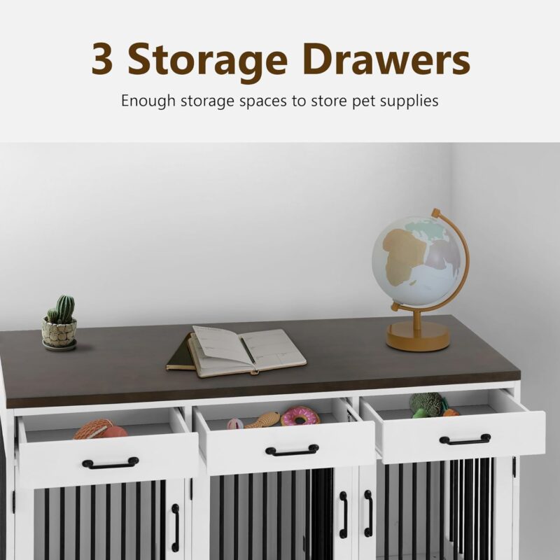 MCombo Wooden Dog Crate Furniture, Dog Kennel Pet House with 3 Drawers & 3 Lockable Doors, 3 Rooms & Removable Dividers, Pet Crate Table for Small/Medium/Large Dogs V974 - Image 4