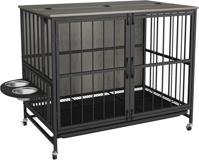 Dog Cage Furniture Dog Crate,Kennel Dogs Room, Double-Door Dog House with Rremovable Tray/Lift Panel,3 Height Adjustable Feeding Bowls,Dog House Up 80LB for Small/Medium/Large Dogs,Grey - Image 2