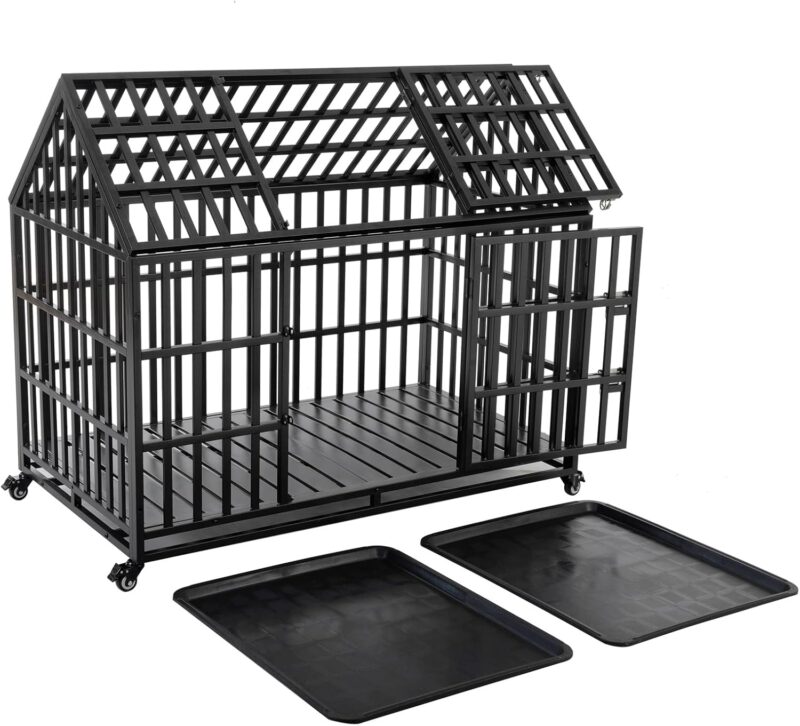 52 Inch Dog Cage with Roof Indoor, Dog Cage Medium Sized Dog Heavy Duty Pet Crate Large Dogs with Removable Tray Outdoor, Durable Dog Kennel with Lockable Wheels Easy Assembly, Black