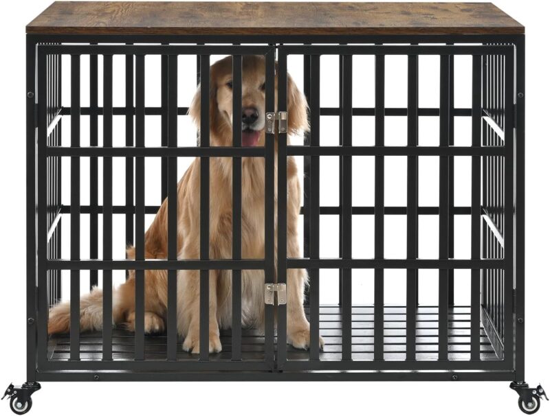 42" Heavy Duty Dog Crate for Large/Medium Dogs Furniture Style Cage with 4 Lockable Wheels & 2 Locks, Indoor Wooden Kennel Decorative Pet House Black