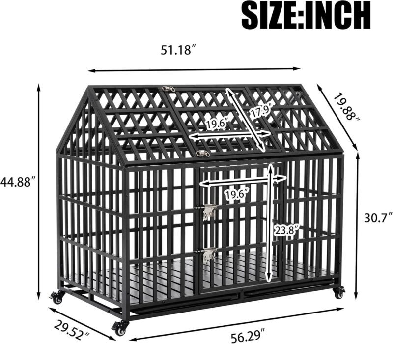 52 Inch Dog Cage with Roof Indoor, Dog Cage Medium Sized Dog Heavy Duty Pet Crate Large Dogs with Removable Tray Outdoor, Durable Dog Kennel with Lockable Wheels Easy Assembly, Black - Image 7