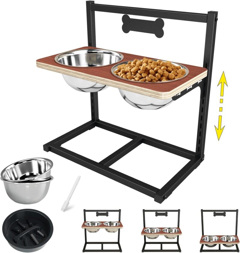 Elevated Dog Bowls with Slow Feeder - 9 Heights Adjustable Raised Dog Bowl Stand with Two 1.7L Stainless Steel Dog Food Bowls & Slow Feeder, Perfect for Medium Large Sized Dogs and Cats