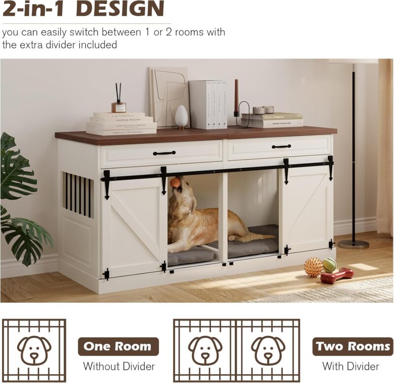 Large Dog Crate Furniture - 63 inch Wooden Dog Kennel Furniture for 2 Dogs with Sliding Barn Door and Removable Divider, Indoor Heavy Duty Dog Crate Table with Storage, White - Image 3