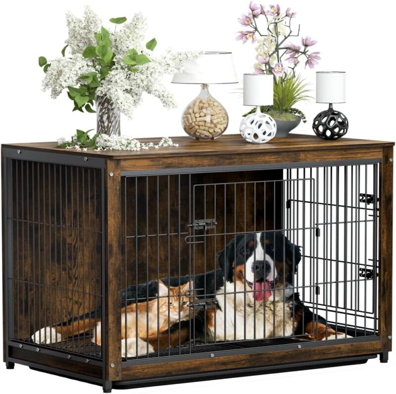 Extra Large Wooden Dog Crate - Heavy Duty Kennel with Removable Tray & Stylish End Table Design - Functional Pet Furniture (Large-38.38x23.23x30 inch)