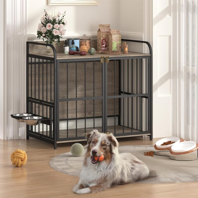 39'' Indoor Metal Dog Crate with Double Doors and Adjustable Feeder Stand, Wooden Side End Table Crate, Dog Crate Furniture，Heavy Duty Dog Crate Indoor Furniture, Pet Cage for Medium Doge,Gray - Image 9