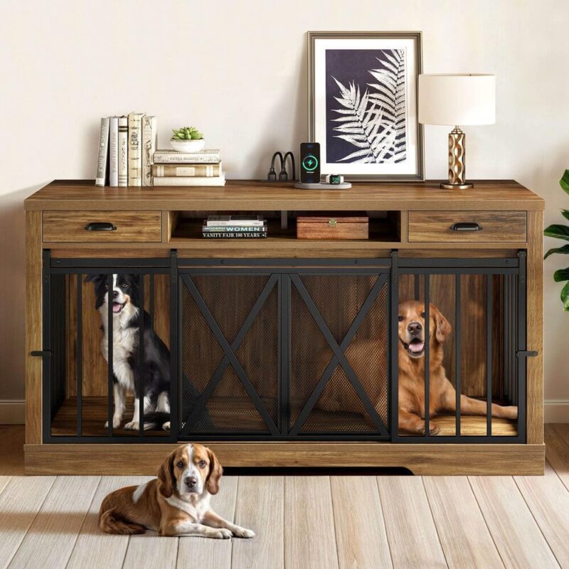63-Inch Wooden Double Dog Crate & Kennel Furniture - Stylish TV Stand with Power Outlet for Pets (Brown)