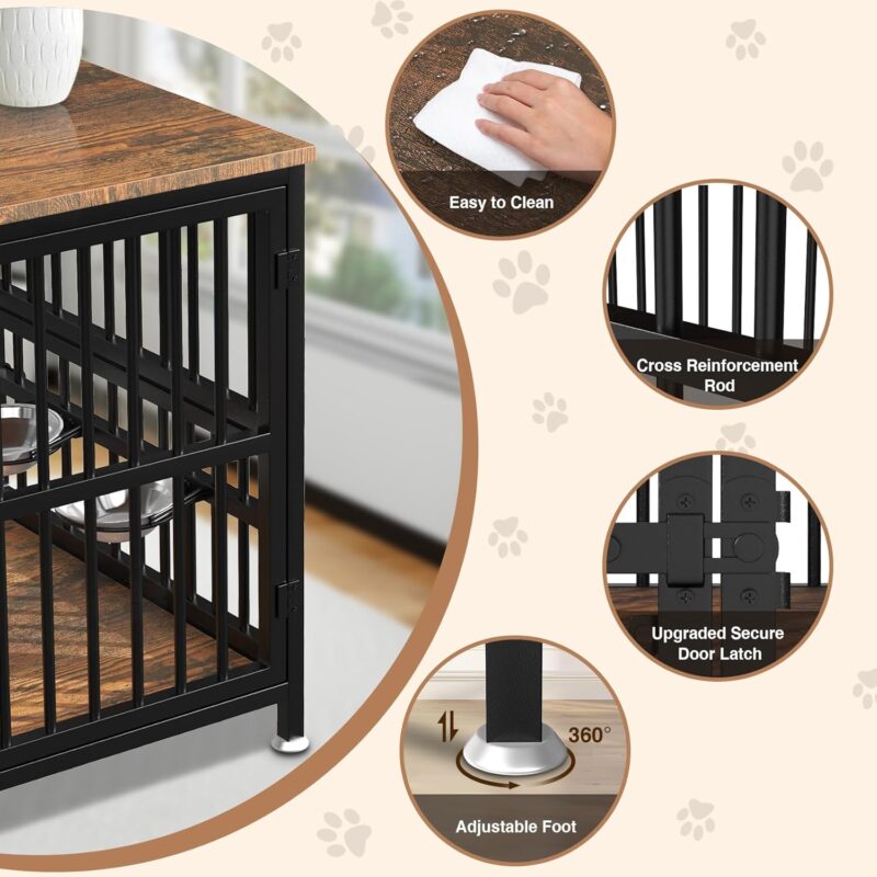 Dog Crate Furniture with 360° Rotating Feeder & 2 Stainless Steel Bowls, Double-Door Dog Cage, Decorative Pet House End Table, Wooden Cage Kennel Furniture for Large and Medium Dogs - Image 7