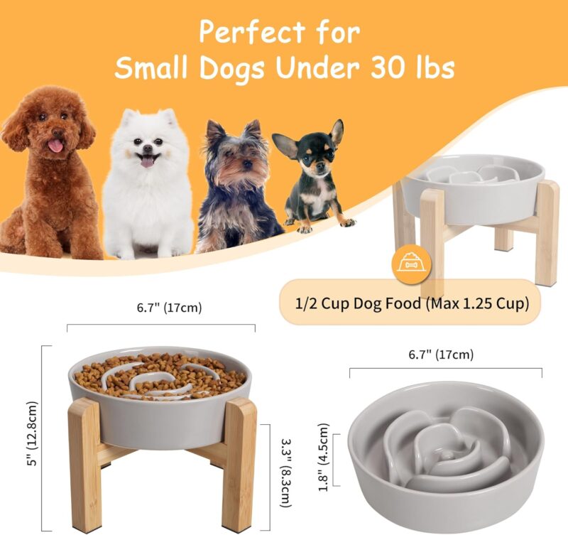 Elevated Slow Feeder Dog Bowl - Raised Ceramic Dog Bowls with Anti-Slip Stand - Fun Maze Dog Feeding Bowl for Fast Eater - Heavy Dog Food Dish - Designed for Small and Medium Dogs - Grey - 6.7 inch - Image 2