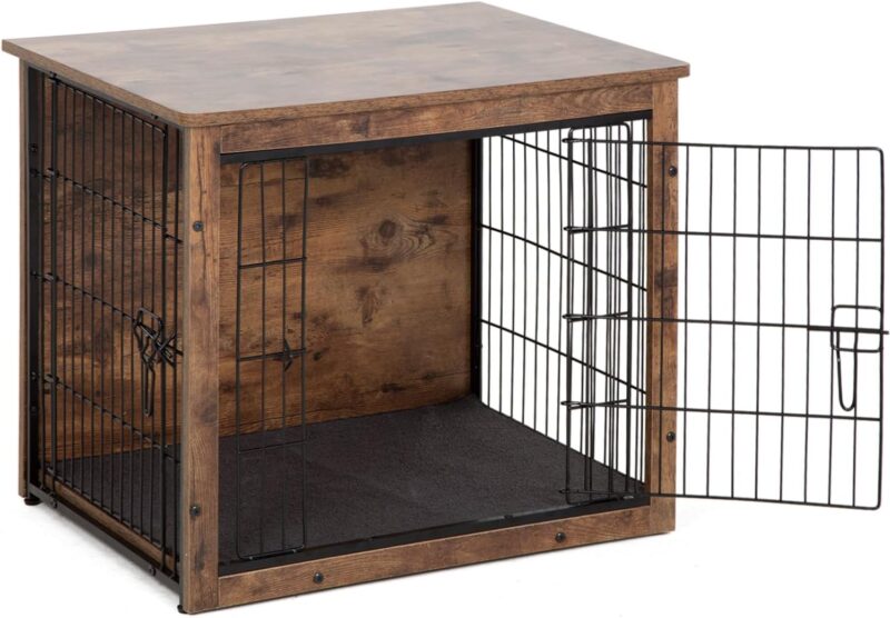 Dog Crate Furniture 27 Inch Two Door Wooden Dog Crate Heavy-Duty Dog Cage End Table with Multi Purpose Removable Tray Modern Kennel Indoor for Small and Medium Dog, Brown