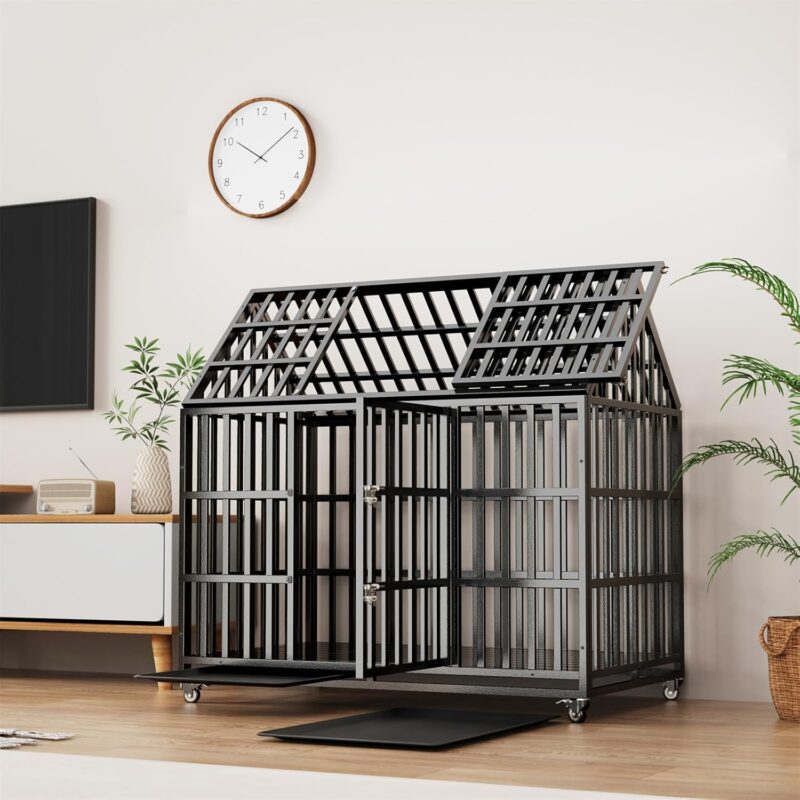 52 Inch Dog Cage with Roof Indoor, Dog Cage Medium Sized Dog Heavy Duty Pet Crate Large Dogs with Removable Tray Outdoor, Durable Dog Kennel with Lockable Wheels Easy Assembly, Black - Image 3