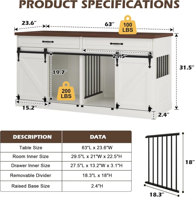 Large Dog Crate Furniture - 63 inch Wooden Dog Kennel Furniture for 2 Dogs with Sliding Barn Door and Removable Divider, Indoor Heavy Duty Dog Crate Table with Storage, White - Image 4