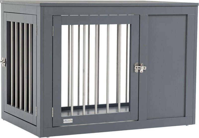 Furniture Style Dog Crate End Table Kennel, w/Double Doors for Medium Dogs (Grey)