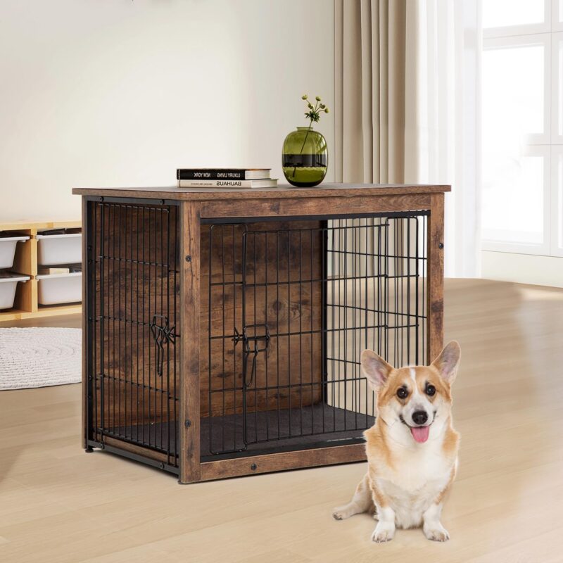 Dog Crate Furniture 27 Inch Two Door Wooden Dog Crate Heavy-Duty Dog Cage End Table with Multi Purpose Removable Tray Modern Kennel Indoor for Small and Medium Dog, Brown - Image 2