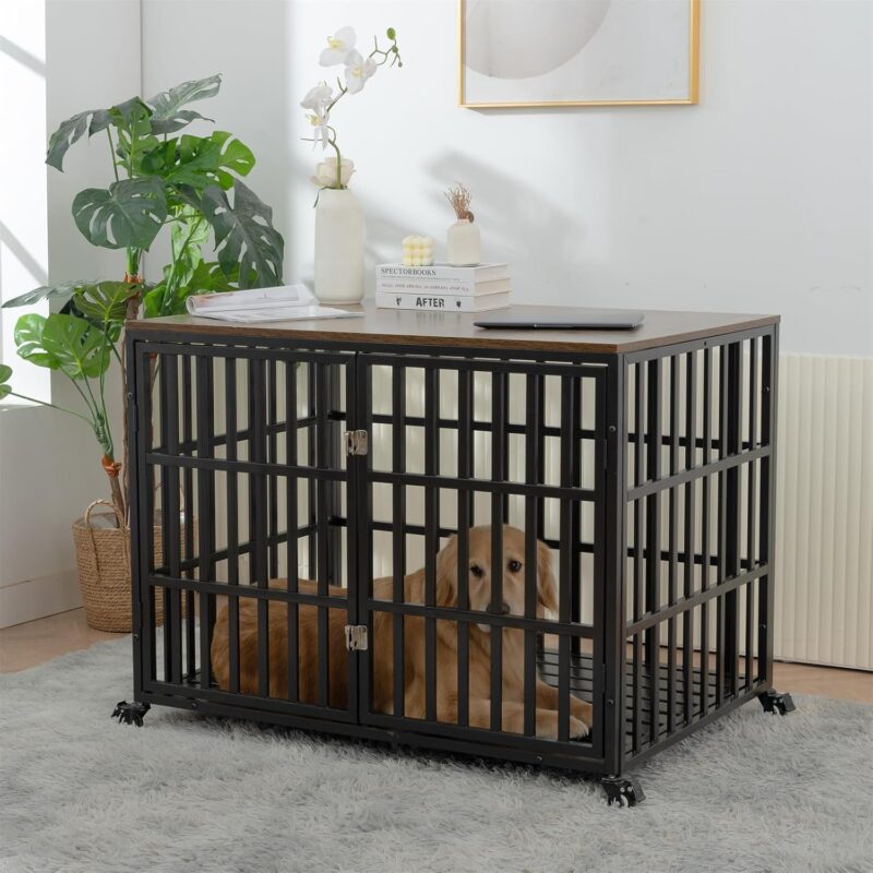 42" Heavy Duty Dog Crate for Large/Medium Dogs Furniture Style Cage with 4 Lockable Wheels & 2 Locks, Indoor Wooden Kennel Decorative Pet House Black - Image 3