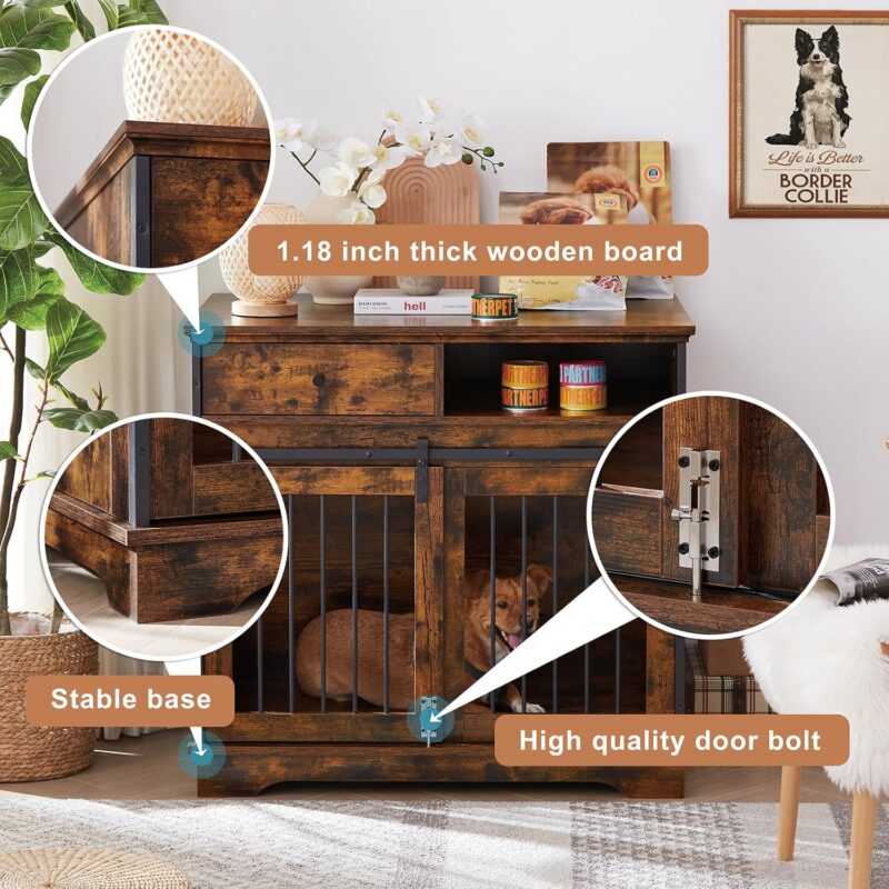 Dog Crate Furniture with Sliding Barn Door, Wooden Dog Kennel End Table with Drawer and Storage, Rustic Style Decorative Dog House for Small/Medium Dog, 35.43'' x 23.62'' x 33.46'' (Brown) - Image 2