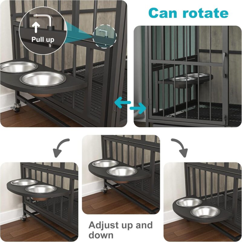 Dog Cage Furniture Dog Crate,Kennel Dogs Room, Double-Door Dog House with Rremovable Tray/Lift Panel,3 Height Adjustable Feeding Bowls,Dog House Up 80LB for Small/Medium/Large Dogs,Grey - Image 3