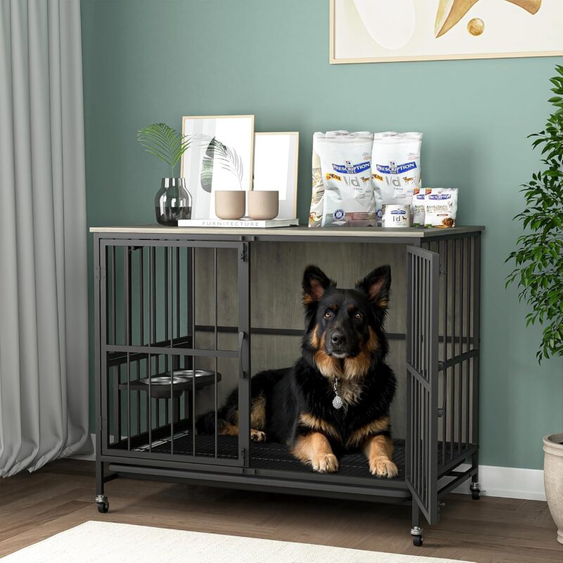 Dog Cage Furniture Dog Crate,Kennel Dogs Room, Double-Door Dog House with Rremovable Tray/Lift Panel,3 Height Adjustable Feeding Bowls,Dog House Up 80LB for Small/Medium/Large Dogs,Grey