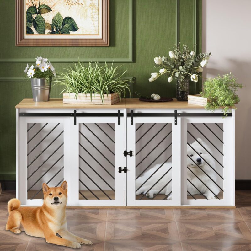 Furniture Dog Crate,71" Heavy Duty Wooden Dog Cage Kennel with a Removable Divider & Sliding Doors,Indoor Furniture Style Dog Crate Table,Dog House for Large Medium Small Dogs,White