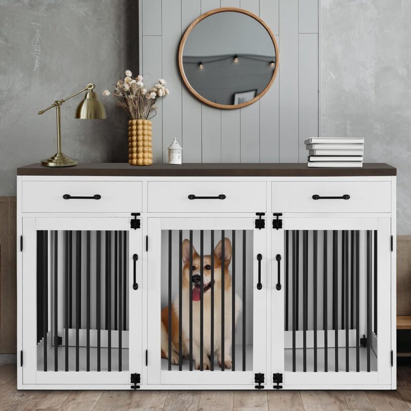 MCombo Wooden Dog Crate Furniture, Dog Kennel Pet House with 3 Drawers & 3 Lockable Doors, 3 Rooms & Removable Dividers, Pet Crate Table for Small/Medium/Large Dogs V974 - Image 2