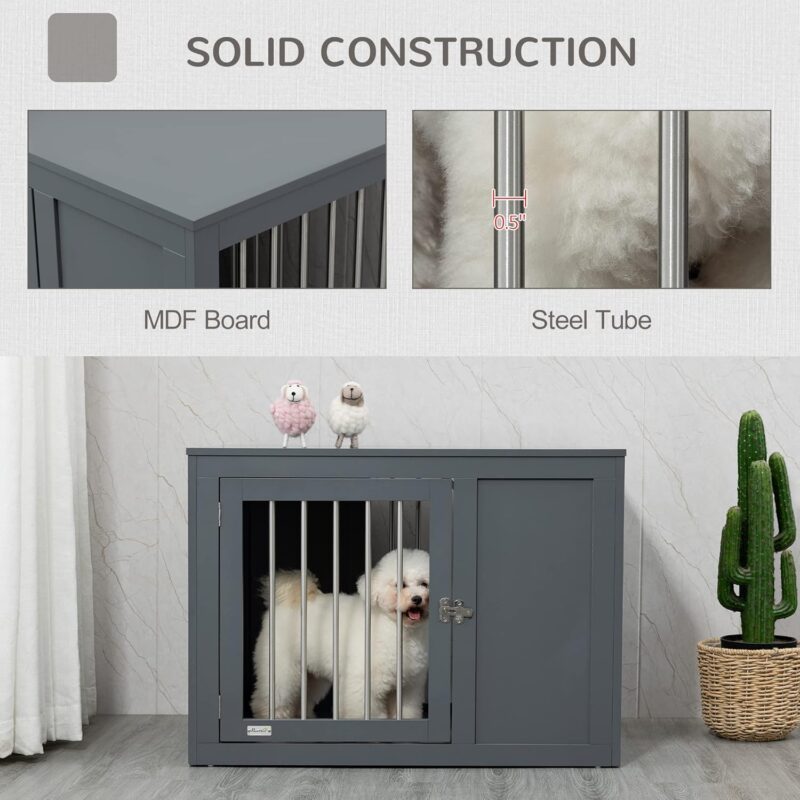 Furniture Style Dog Crate End Table Kennel, w/Double Doors for Medium Dogs (Grey) - Image 5