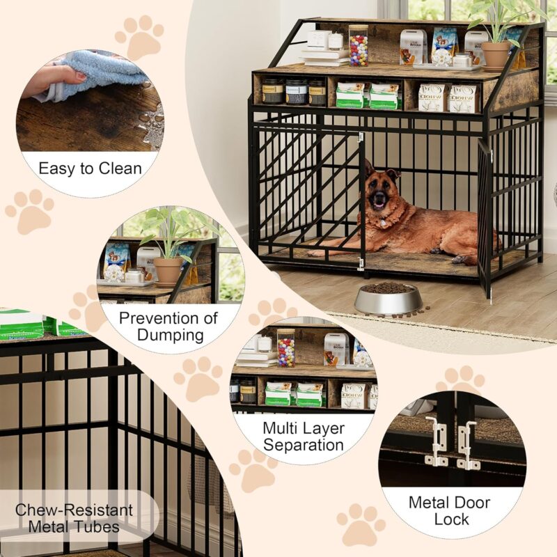 Large Furniture Dog Crate, Dog Kennel Indoor, Wooden Dog Crate with Divider, Three Drawers Storages, Heavy Duty Dog Crate, Sturdy Metal, 43.31" L×27.56" W×42.52" H, Rustic Brwon - Image 8