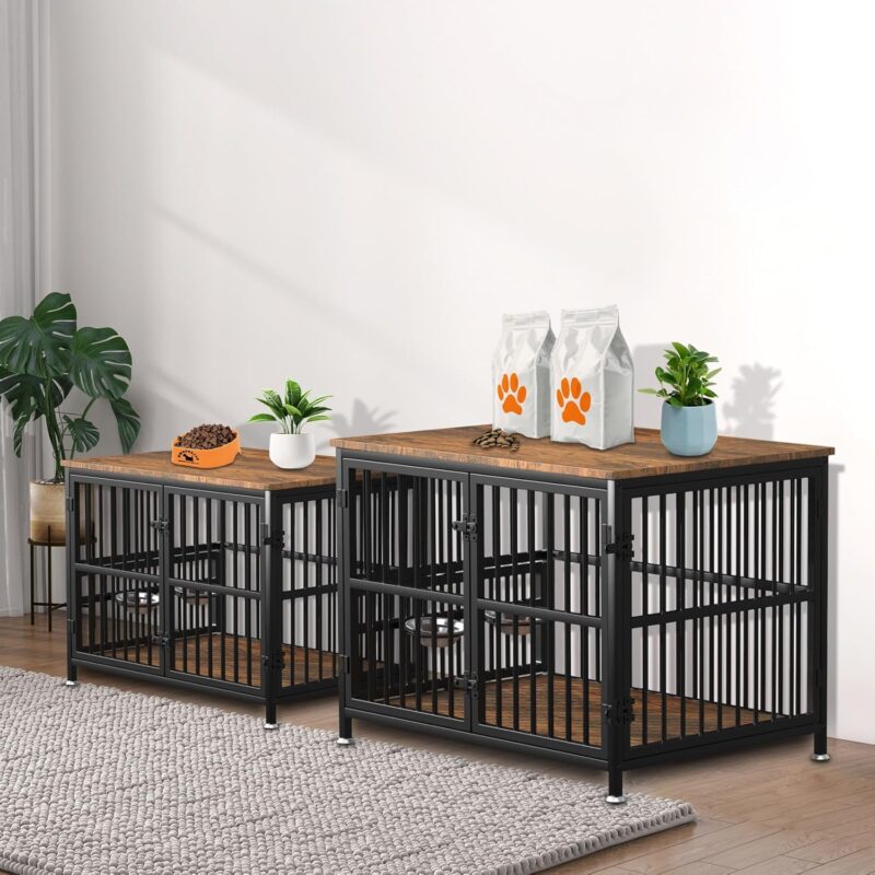 Dog Crate Furniture with 360° Rotating Feeder & 2 Stainless Steel Bowls, Double-Door Dog Cage, Decorative Pet House End Table, Wooden Cage Kennel Furniture for Large and Medium Dogs - Image 9