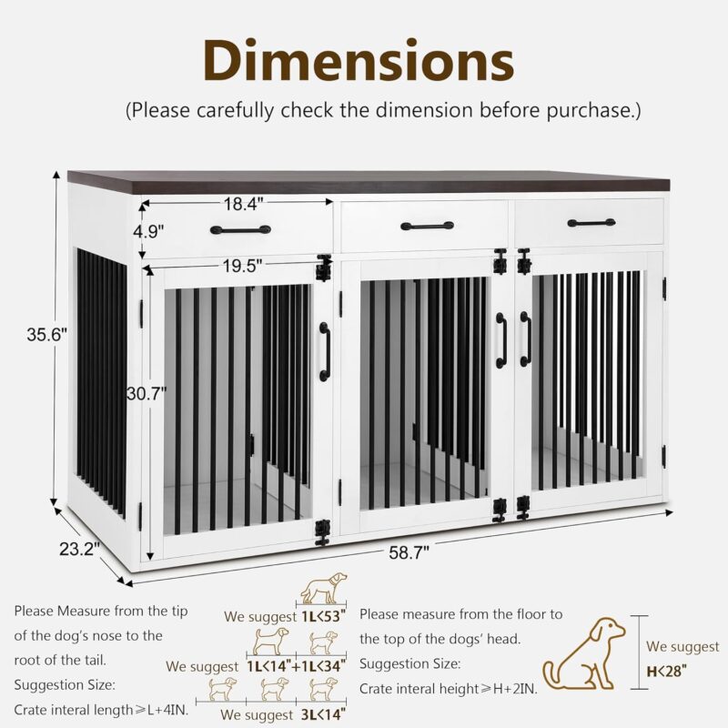 MCombo Wooden Dog Crate Furniture, Dog Kennel Pet House with 3 Drawers & 3 Lockable Doors, 3 Rooms & Removable Dividers, Pet Crate Table for Small/Medium/Large Dogs V974 - Image 3