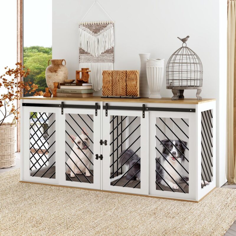 Furniture Dog Crate,71" Heavy Duty Wooden Dog Cage Kennel with a Removable Divider & Sliding Doors,Indoor Furniture Style Dog Crate Table,Dog House for Large Medium Small Dogs,White - Image 2