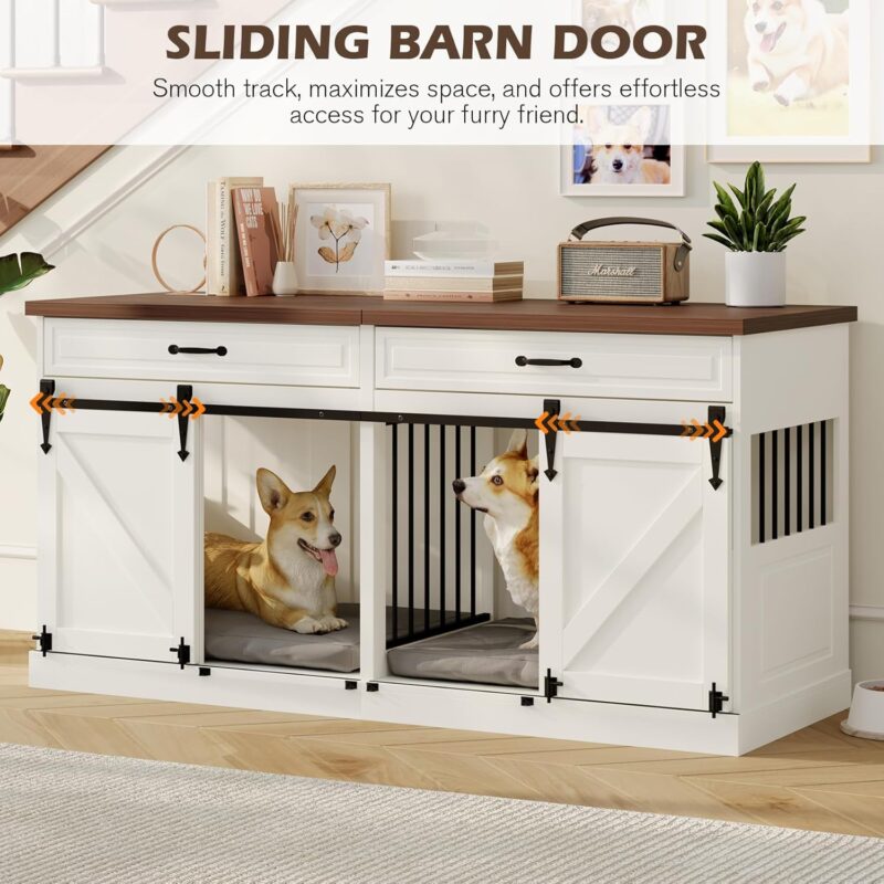 Large Dog Crate Furniture - 63 inch Wooden Dog Kennel Furniture for 2 Dogs with Sliding Barn Door and Removable Divider, Indoor Heavy Duty Dog Crate Table with Storage, White - Image 6