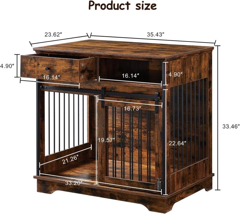 Dog Crate Furniture with Sliding Barn Door, Wooden Dog Kennel End Table with Drawer and Storage, Rustic Style Decorative Dog House for Small/Medium Dog, 35.43'' x 23.62'' x 33.46'' (Brown) - Image 5