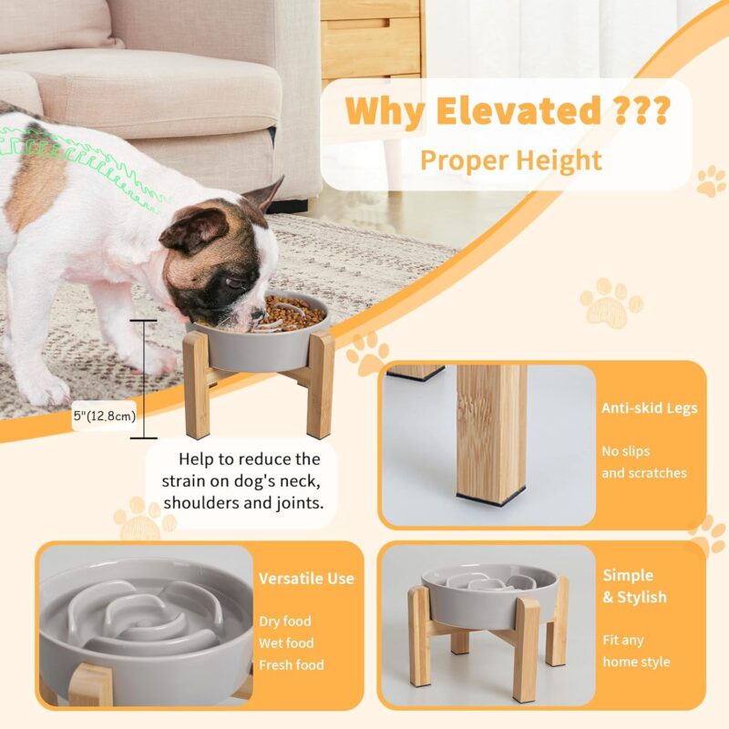 Elevated Slow Feeder Dog Bowl - Raised Ceramic Dog Bowls with Anti-Slip Stand - Fun Maze Dog Feeding Bowl for Fast Eater - Heavy Dog Food Dish - Designed for Small and Medium Dogs - Grey - 6.7 inch - Image 4