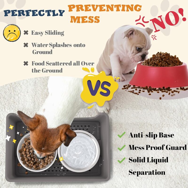 Mess Proof Dog Bowls, No Mess Dog Food and Water Bowl Set, No Spill Edge Pet Feeder with 2 Stainless Steel Bowls for Medium Dogs - Image 3