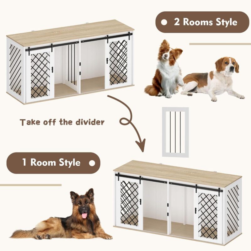 Furniture Dog Crate,71" Heavy Duty Wooden Dog Cage Kennel with a Removable Divider & Sliding Doors,Indoor Furniture Style Dog Crate Table,Dog House for Large Medium Small Dogs,White - Image 4