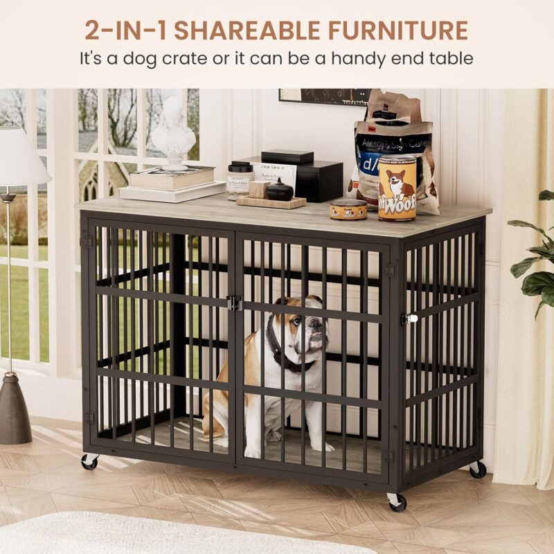 Dog Crate Furniture, Wrought Iron Frame Door with Side Openings, 39" Dog House with Flip-up Top Opening and Side Opening, Home and Indoor Use（Grey） - Image 5