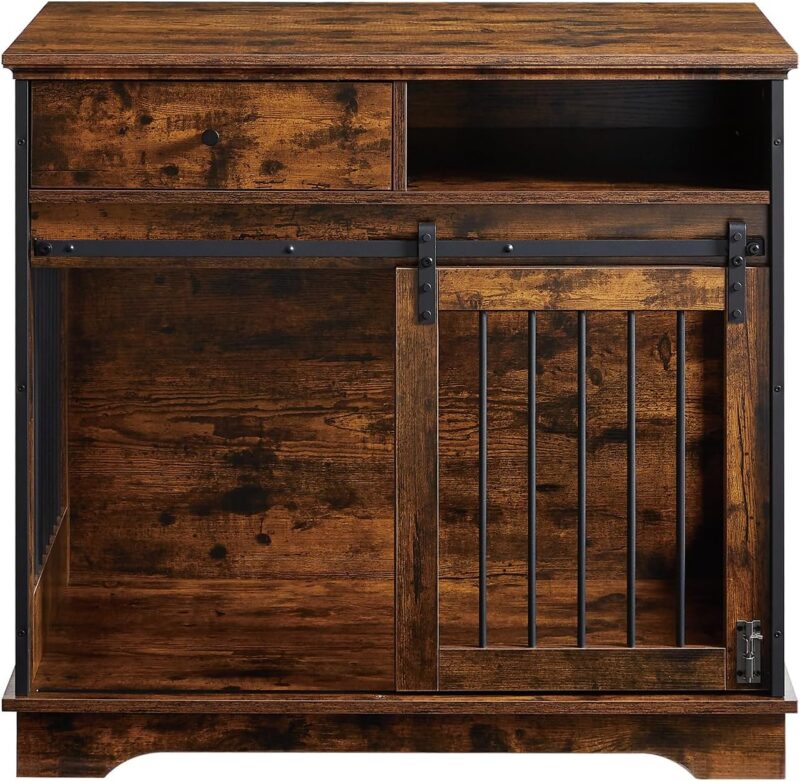 Dog Crate Furniture with Sliding Barn Door, Wooden Dog Kennel End Table with Drawer and Storage, Rustic Style Decorative Dog House for Small/Medium Dog, 35.43'' x 23.62'' x 33.46'' (Brown) - Image 7