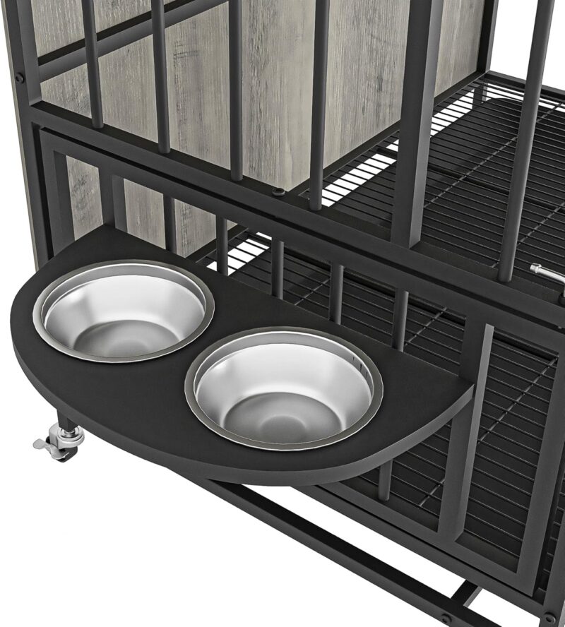 Dog Cage Furniture Dog Crate,Kennel Dogs Room, Double-Door Dog House with Rremovable Tray/Lift Panel,3 Height Adjustable Feeding Bowls,Dog House Up 80LB for Small/Medium/Large Dogs,Grey - Image 5