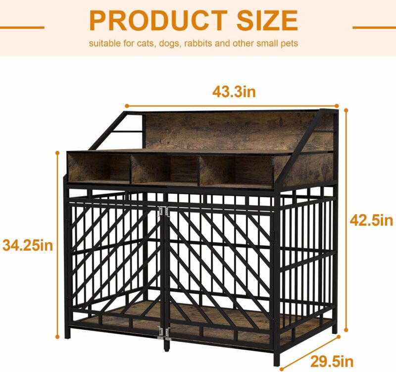 Large Furniture Dog Crate, Dog Kennel Indoor, Wooden Dog Crate with Divider, Three Drawers Storages, Heavy Duty Dog Crate, Sturdy Metal, 43.31" L×27.56" W×42.52" H, Rustic Brwon - Image 2