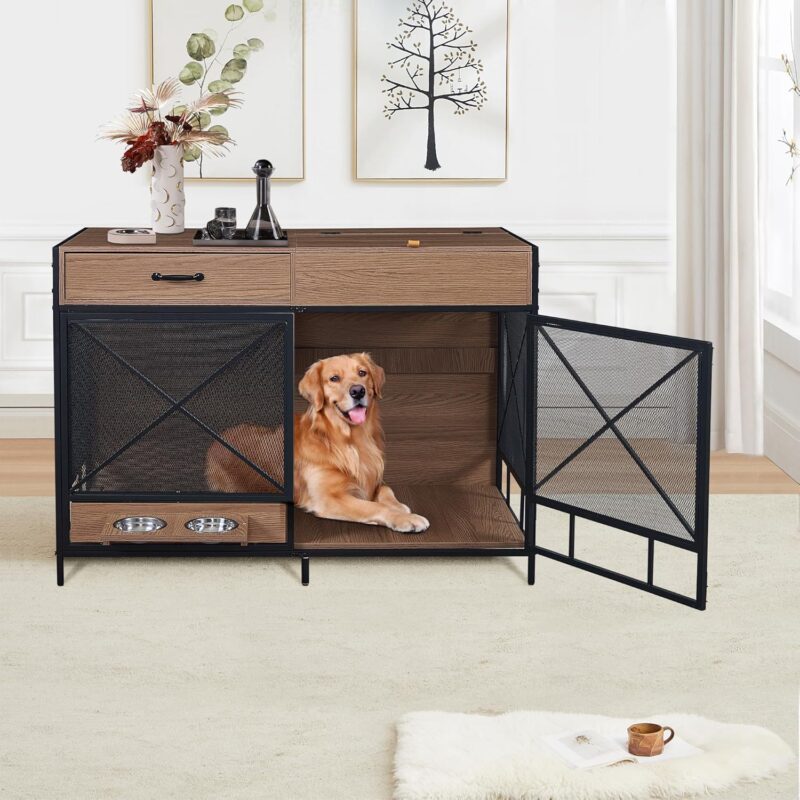 Aoowow Dog Crate Furniture, 47 inch Dog Crate for Large Dogs, Wooden Dog Kennel Indoor End Table with Drawer, Heavy Duty Dog Cage with Flip Top and 2 Dog Bowls, Decorative Pet Crates, Light Walnut